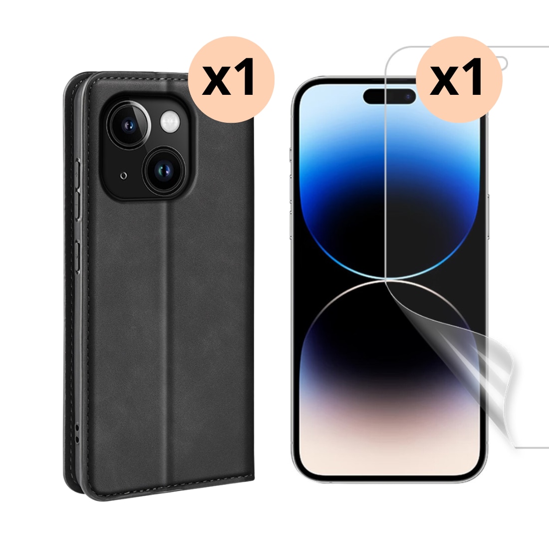 iPhone 15 Set van Dunne Bookcover hoesje en Screenprotector